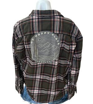 Happy Camper Plaid Flannel Shirt LARGE Oversized Camping Outdoors Unique Upcycle